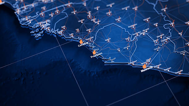 istock Freetown map big data visualization. Futuristic map infographic of city in Sierra Leone. Visual map data complexity in modern blue and orange colors 2241819266