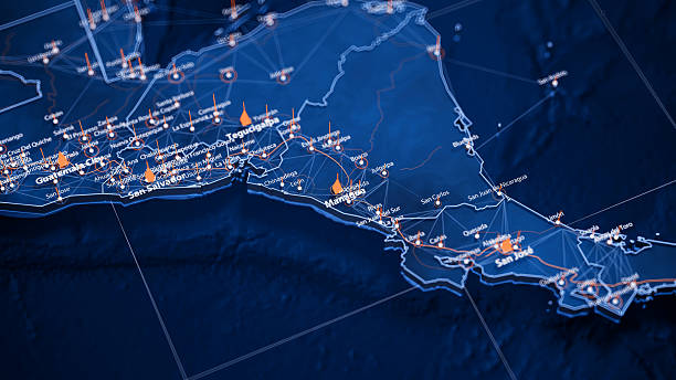 istock Managua map big data visualization. Futuristic map infographic of city in Nicaragua. Visual map data complexity in modern blue and orange colors 2241819386