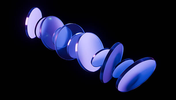 istock Series of translucent blue discs arranged in dynamic, floating pattern against dark background, creating futuristic and abstract visual 2241820129