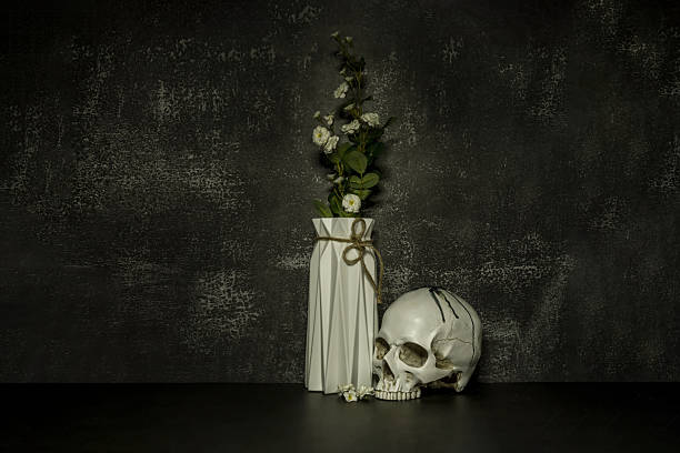 istock a white skull on an open book next to a modern style white vase with flowers 2241822535