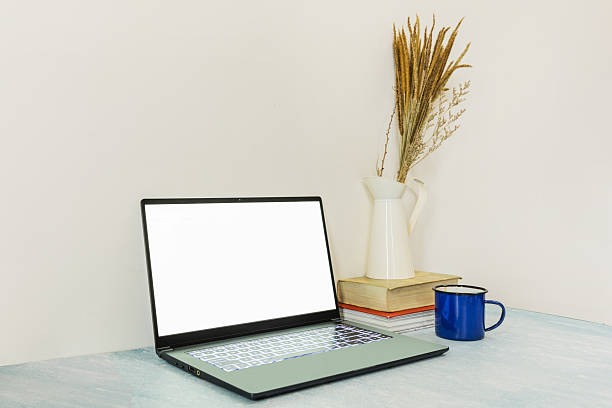 istock Image of an open laptop on a blue surface with some books lying down and a vase next to it and a cup of hot coffee 2241823101