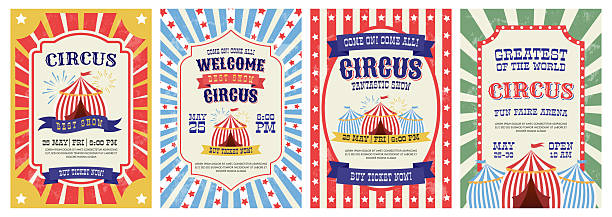 circus retro invitation poster set. vintage festival background with tent, pattern. invite banner of carnival show