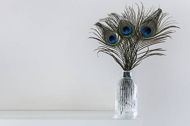 istock A cut glass vase with various peacock feathers on a wall shelf 2241839496