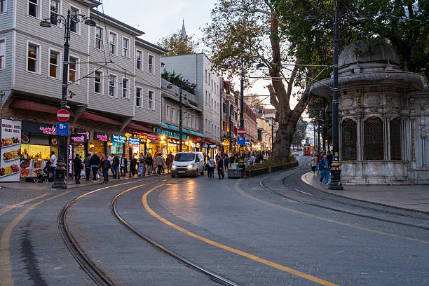 Istanbul, Turkey, October 17 2025; A dynamic collection of images capturing the lively evening atmosphere of Sultanahmet, Istanbul, showcasing colorful restaurants, happy diners, and tourists and locals enjoying leisurely walks along the illuminated streets.