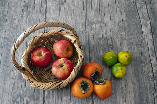 Fruits in a basket on a table, top view still life