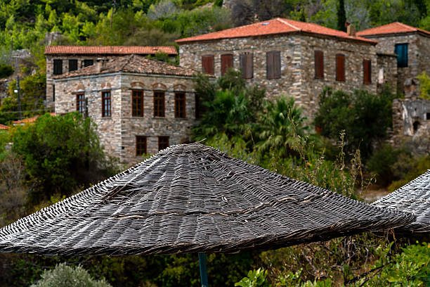 A woven wicker parasol occupies the foreground while historic stone houses with tiled roofs stand behind, surrounded by trees and greenery. Captured in the Doğanbey district of Didim, the scene blends rustic architecture with a hillside landscape. Overhead utility cables cross the frame, and daylight highlights the textures of the buildings and natural vegetation.