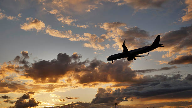 istock Passenger airplane landing at sunset in cloudy sky 2241875331