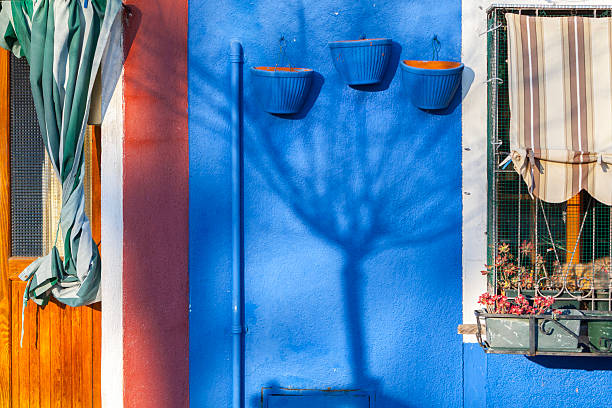 Three blue pots and a tree's shadow create a composition on a vibrant blue wall next to a window with an awning. A concept of colorful street details and the interplay of light and shadow.