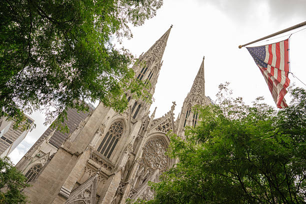 istock St. Patrick's Cathedral in New York City Framed by Trees and Flag 2241884006