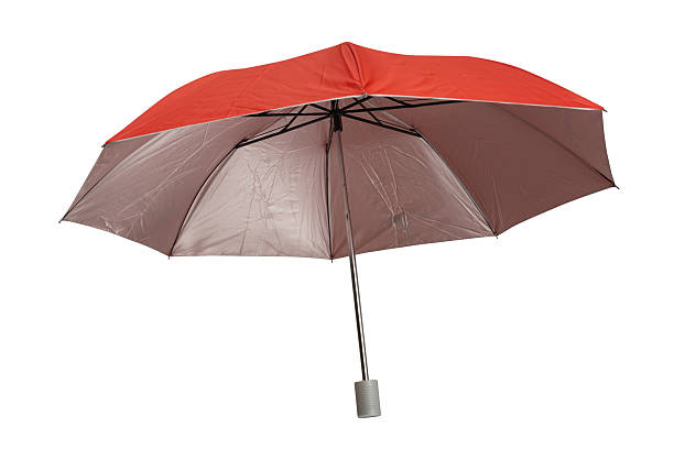 istock Bright red compact folding umbrella partially opened, featuring a silver metal shaft and a gray plastic tip, isolated on a white background. Isolated. 2241887758