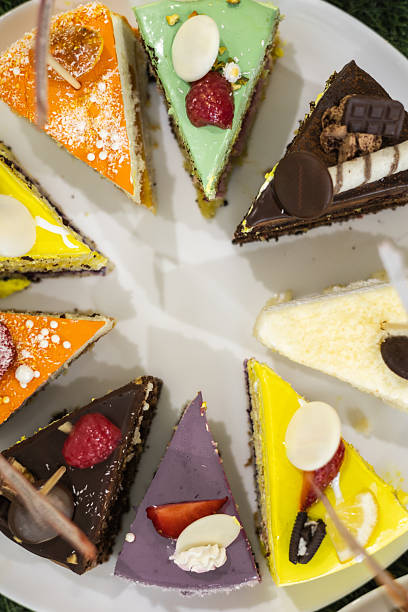 istock Colorful assorted cake slices with fruit toppings on a white plate top view 2241896560