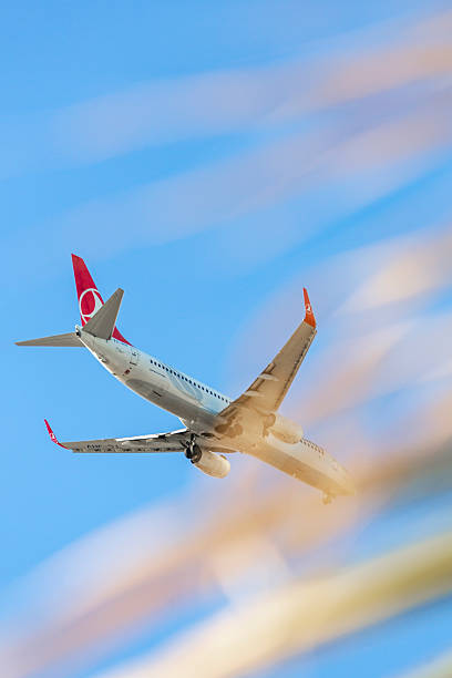 Underside view from below of a Turkish Airlines aircraft operated by Turkey, captured mid-flight against a clear blue sky. The plane features a red tail fin with the airline’s white emblem and extended landing gear. The clean composition highlights the aircraft’s structure and national branding, ideal for aviation visuals and international travel themes.