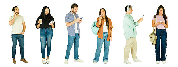 istock Group of people using smartphones on white background 2241903383