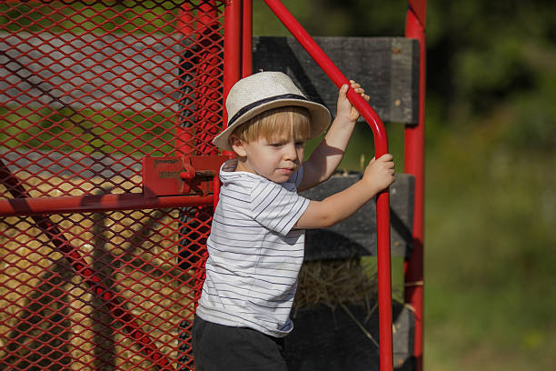 istock Two-year-old boy standing on a tractor from behind 2241907597