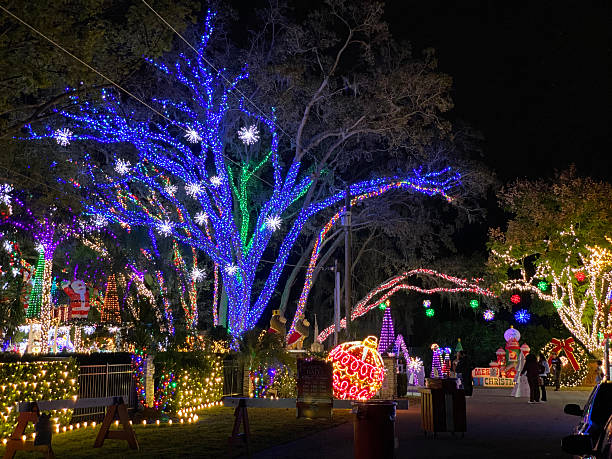 istock Colorful Lights and Santa Figures in Night Park 2241908772