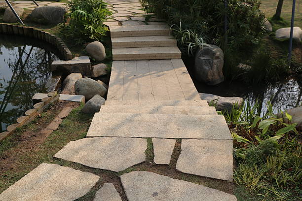 A stone walkway with steps leading to a pond. The steps are made of stone and are scattered throughout the walkway