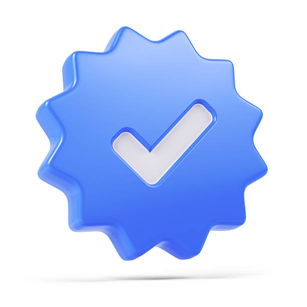 istock Approved Icon. Blue Star Shape and White Check Mark Icon. 3D Rendering 2241939680