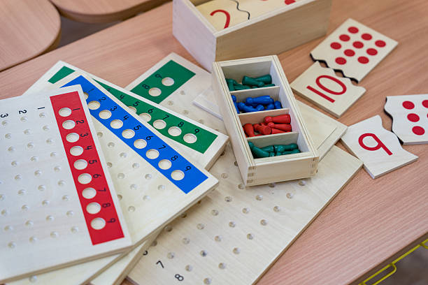 istock Wooden materials for studying and understanding division in mathematics, namely division according to the Montessori method. Alternative education for studying mathematics in elementary school. 2241939872