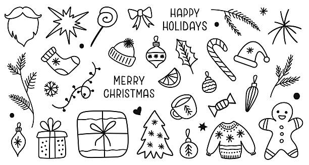 istock Winter hand drawn set of seasonal elements isolated on a white background 2241941407