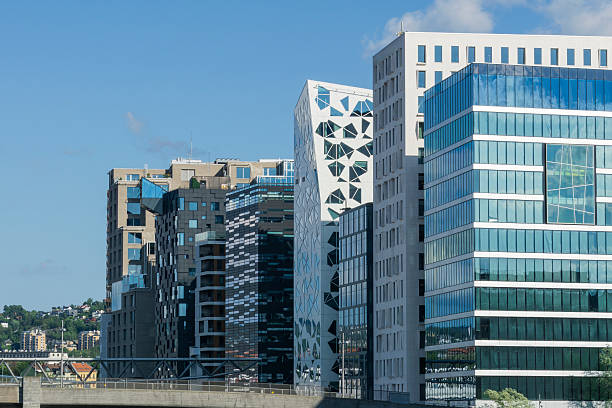 Oslo Barcode Project architecture creating an urban cityscape on a sunny day