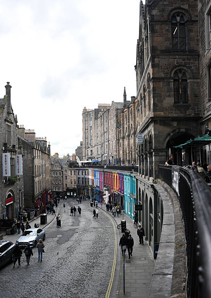 Edinburgh, UK-a picturesque, curved cobblestone street in the Old Town known for its colorful buildings and eclectic shops, often cited as an inspiration for Diagon Alley from the Harry Potter series