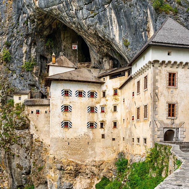 Predjama Castle, Slovenia, dramatically built into a cliffside, framed by yellow blossoms in spring, near the renowned Postojna Cave system