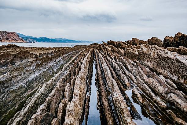 istock Zumaia Flysch Rock Strata with Water Puddles Basque Coast 2241954093