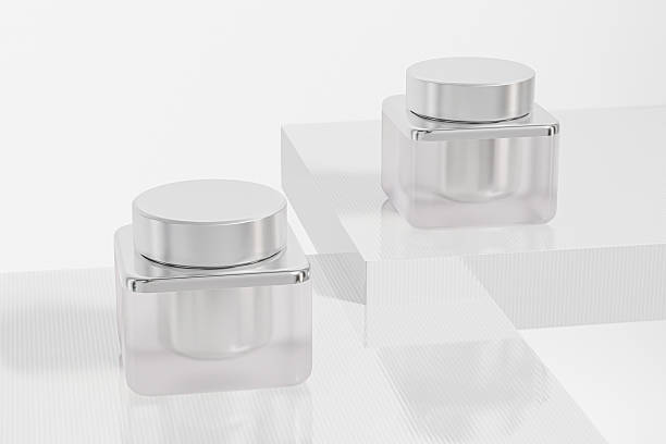 istock cube shape cream jar with metallic lid mockup, frost glass skincare packaging, rectangular shape eye cream container with round flat screw cap, luxury square acrylic plastic cosmetic bottle mockup 2241964056