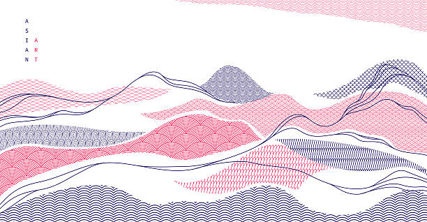 Abstract oriental Japanese art vector background, traditional style design, wavy shapes and mountains terrain landscape, runny like sea lines.