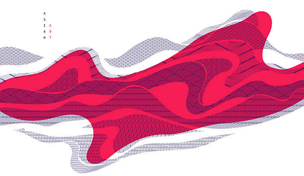 Abstract oriental Japanese art vector background in red color, traditional style design, wavy shapes and mountains terrain landscape, runny like sea lines.