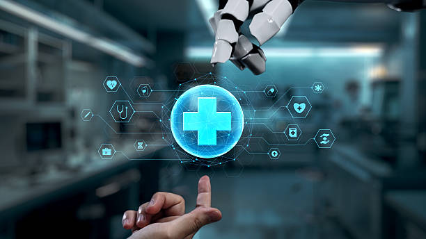 istock Robot and human reach hand and point finger with cross icon float. Salubrious. 2241976567