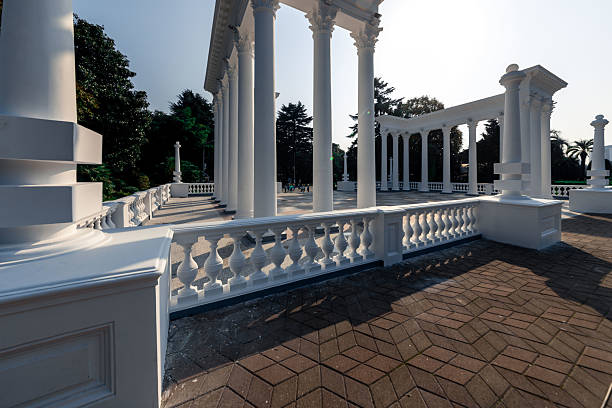 Scarborough, Canada - September 29, 2024: Ancient stone columns forming a structure known as The Greek Theater in Guild Park and Gardens. The public park exhibits ruins of colonial demolished buildings in the city.