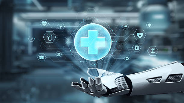 istock Close up of robotic hand pointing and tapping at cross hologram. Salubrious. 2241976741