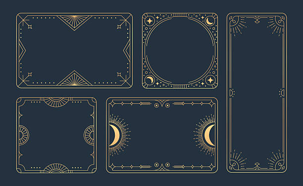 Elegant vintage borders with tarot symbolism - golden moon phases, stars and mystical frame designs. Decorative celestial cards with sun rays, crescents and geometric patterns for spiritual layouts.