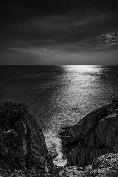 A dramatic black and white seascape showing sunlight reflecting off the calm ocean surface, viewed from a rocky coastal cliff. The strong contrast between light and shadow creates a mysterious and cinematic mood, symbolizing solitude, contemplation, and the power of nature. Perfect for themes of inspiration, tranquility, resilience, and the beauty of the natural world.