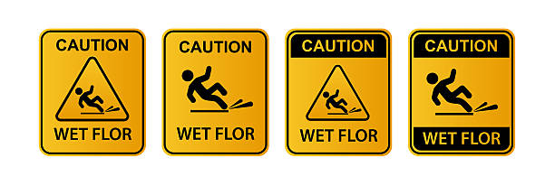 istock Wet floor signs. Hazard slippery surface wet floor sign. Caution orange signs plate. Vector 2241989096