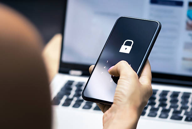 istock Data privacy. Protect with AI cybersecurity in phone. Password against cyber fraud, scam or identity theft. Online account mobile lock. 2241989833