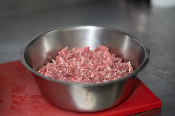 Raw Ground Meat in Steel Bowl  Front View
