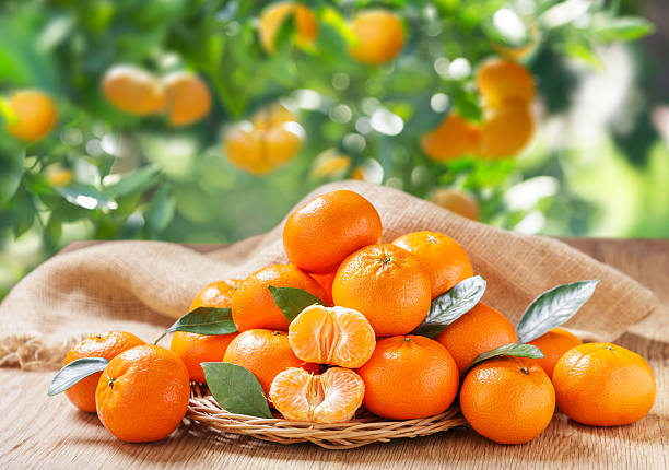 istock Fresh mandarin oranges fruit or tangerines on wooden table on garden background 2242000711