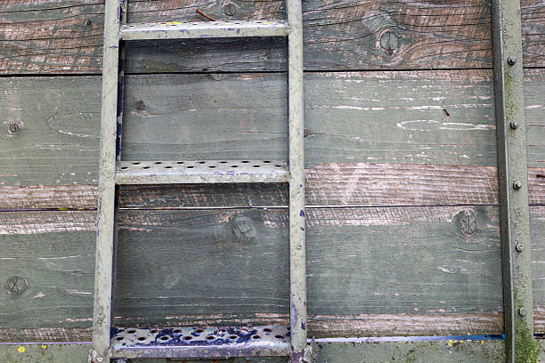 The composition reflects a textural contrast between an old metal ladder and a wooden wall painted in a faded green color. The worn surface of the wood with horizontal planks and traces of paint emphasizes an industrial or rustic look,