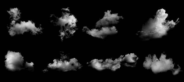 istock Realistic isolated cloud set on black background, perfect for sky replacement, and graphic design projects. High-resolution fluffy clouds with soft edges for photo compositing and effects. 2242004133