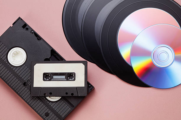 istock Audio cassette tape, videocassette, CD and Vinyl records on a pink background. 2242004335