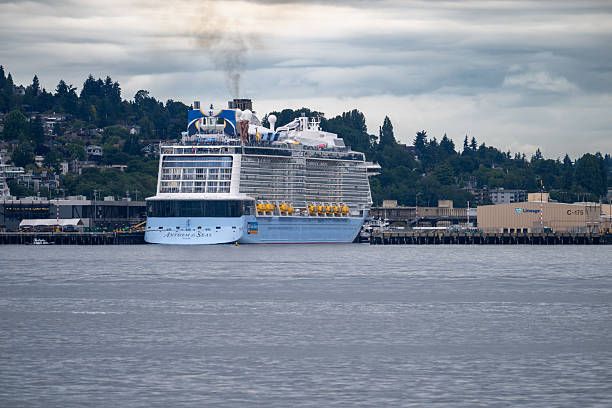The Anthem of the Seas cruise ship is seen docked at the Seattle harbor, viewed head-on under a cloudy sky. The massive vessel dominates the frame, showcasing the scale and infrastructure of maritime tourism in the Pacific Northwest.