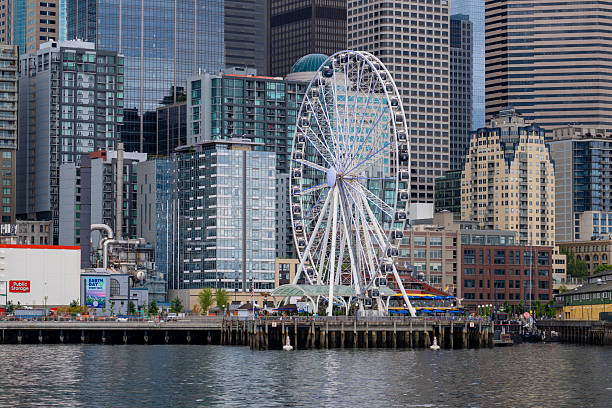 The Seattle skyline is seen from across the water on a cloudy day, with the Seattle Great Wheel prominently positioned near the center, in the heart of Washington State.