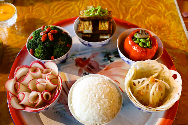Vegetarian food in temples, vegetarian food for Buddha, beautiful and solemn decorations