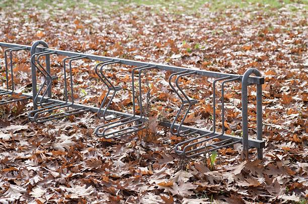 Empty metal bike rack standing in a park surrounded by dry brown autumn leaves during fall season