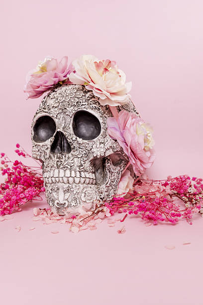 istock Image of a skull with a decorated surface surrounded by dried flowers on a soft pink surface 2242008743