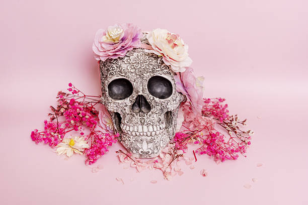 Frontal image of a skull with a decorated surface surrounded by dried flowers and plants with branches on a soft pink surface