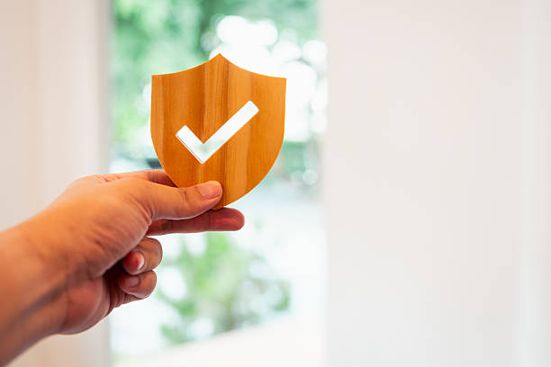 istock Hand holding wooden shield with check mark icon, symbolizing protection, trust, data security, insurance, quality assurance, approval, and safety guarantee. 2242011267