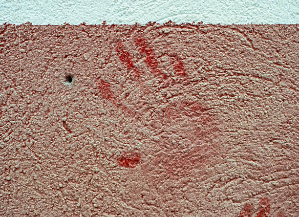 textured wall displays vibrant red handprints, showing human interaction with surface. wall rough finish contrasts with smoothness of prints, highlighting artistry and history